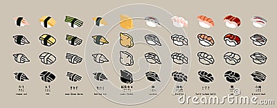 Vector sushi icon set. Four style. Vector Illustration